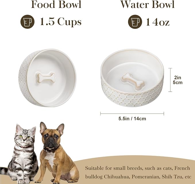 MALACASA Ceramic Dog Food Bowl, Water Dish for Small Breeds, 1.5 Cups | Honeycomb Pattern, Ceramic Pet Bowl, Food and Water Dish, Dishwasher and Microwave Safe, for Small Dogs and Cats