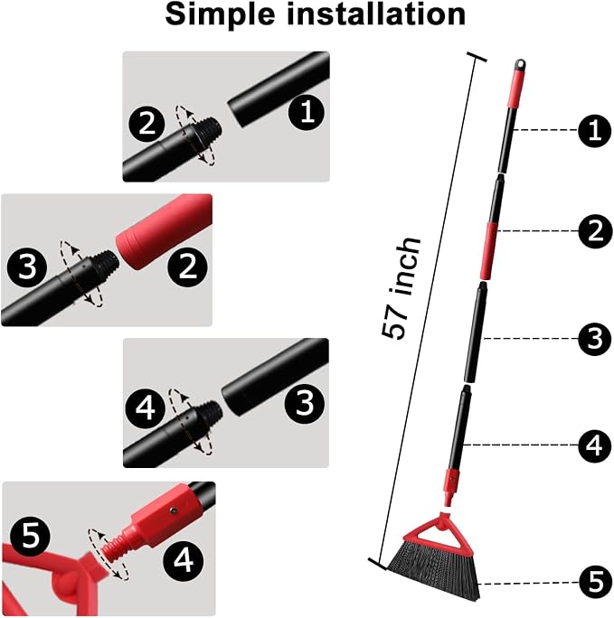 Heavy Duty Angle Broom 4 Pack - Red Broom for Outdoor & Indoor, Garage, Driveway, Sidewalk, Kitchen & More, Long Handle
