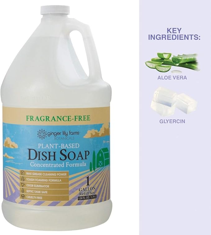 Ginger Lily Farms Botanicals Plant-Based Liquid Dish Soap, Concentrated Formula with Max Grease Cleaning Power, Cruelty-Free, Fragrance-Free, 1 Gallon Refill (128 Fl. Oz.), Clear (Pack of 4)