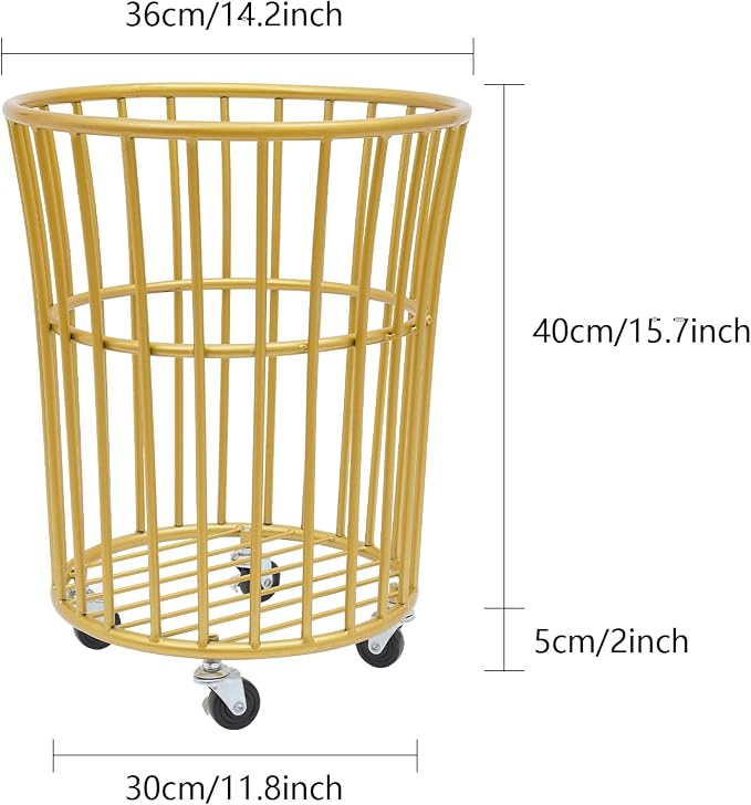 Rolling Laundry Basket with Wheels, Round Barrel Metal Mesh Laundry Hamper Dirty Clothes Basket, Versatile Portable Large Opening Storage Basket for Home, 14.2"×15.7" (Gold-Round Barrel)