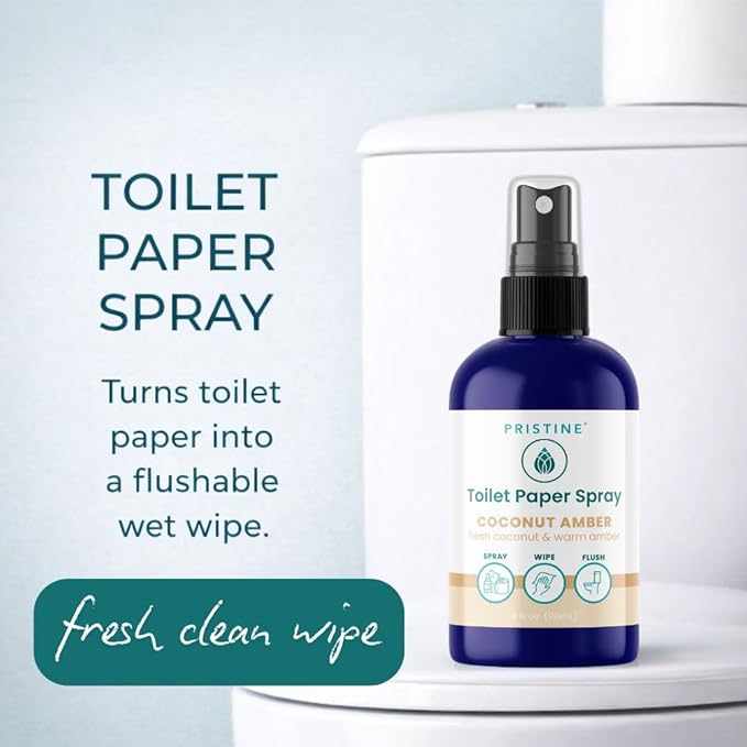 PRISTINE Toilet Paper Spray, As Seen on Shark Tank, Flushable Wipe Alternative, Personal Cleansing Bathroom Spray for Regular Toilet Tissue, Bidet Alternative, Made in USA, Coco Amber, 4oz Bottle