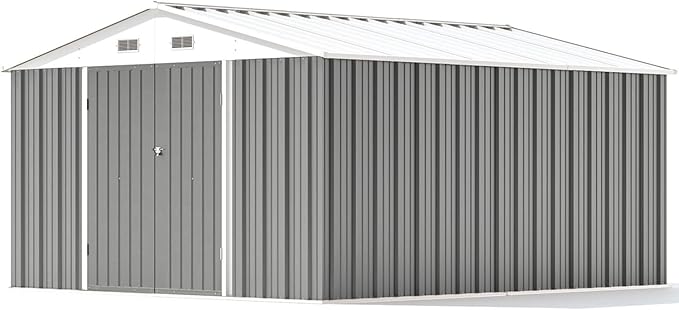Patiowell 10x12 FT Metal Outdoor Storage Shed, Gray | Large Steel Yard Shed, Lockable Doors, Utility and Tool Storage Sheds for Garden, Backyard, Patio, Outside Use