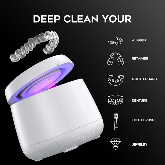 Ultrasonic Retainer Cleaner Machine, Dynamic 42-48kHz Dental Cleaning Pod with Digital Timer, 200ml Mouth Guard Cleaner Pod for Aligners, Night Guards, Dental Trays, Braces & Toothbrushes (White)