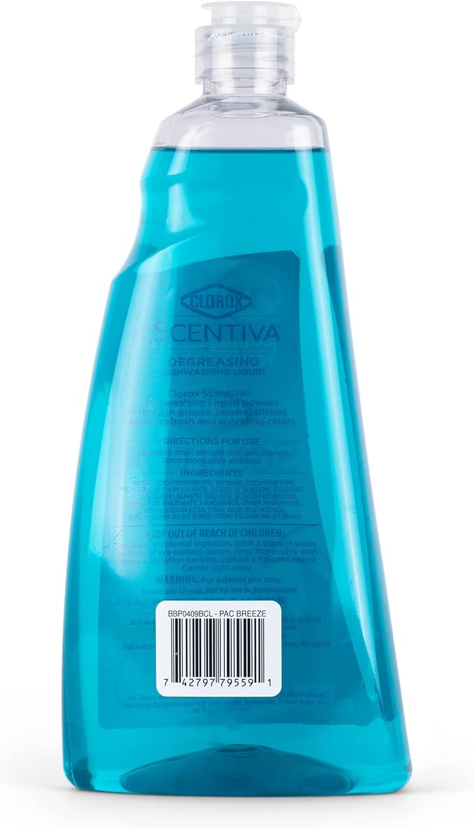 Clorox Scentiva Liquid Dish Soap, Pacific Breeze and Coconut Scent - Ultra-Concentrated Dishwashing Liquid That Cuts Through Grease and Food Residue, Bleach-Free, 26 Fl Oz