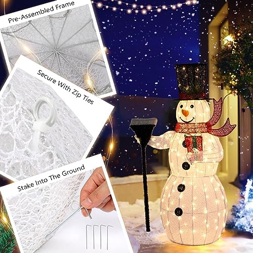 VINGLI 5FT Outdoor Snowman Christmas Decorations, Lighted Outdoor Snowman w/200 LED Lights, Tall Hat, Red Scarf, Zip Ties, Ground Stakes for Indoor, Yard, Outside Xmas Decor