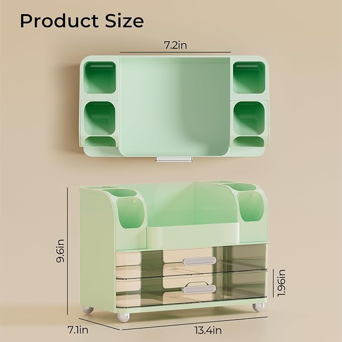 UFORU Makeup Organizer for Vanity with 2 Large Drawers, Cosmetic Display Case with Brush Holders, Easy to Storage for Bathroom Countertop Skincare, Perfume, Green