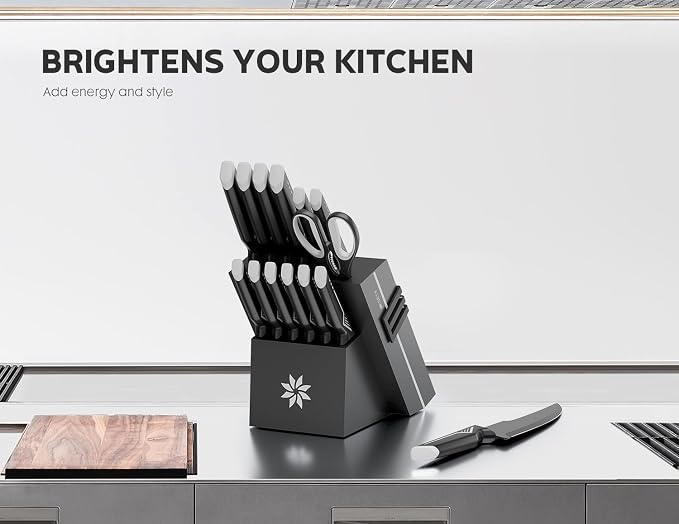 ASETY Kitchen Knife Set, 15 PCS Knife Block Set, Dishwasher Safe, White | Razor Sharp Knives, Wood Knife Block with Built-In Sharpener, Stainless Steel, Ergonomic Handle, Elegant Box for Men Women