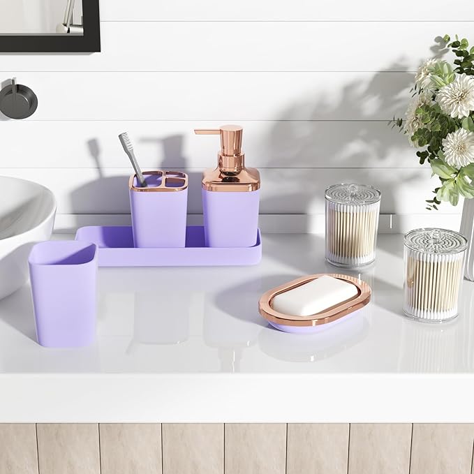 XLHOMO Bathroom Accessory Set–Bathroom Sets with Shower Curtain and Rugs, Non Slip Bathroom Rugs Super Absorbent, Light Purple Ombre Shower Curtain with Hooks, Lavender Bathroom Sets Complete for Home