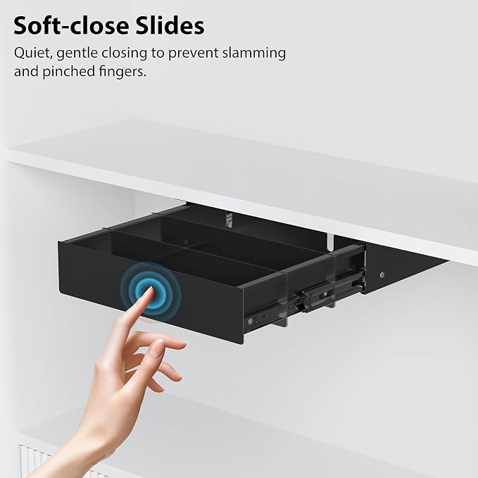 Under Desk Drawer,11.9 inch Carbon Steel Slide-Out Under Table Storage Organizer With Full Extension Ball-Bearing Slides,Undermount Drawer For Standing Desk & Home Office,Black