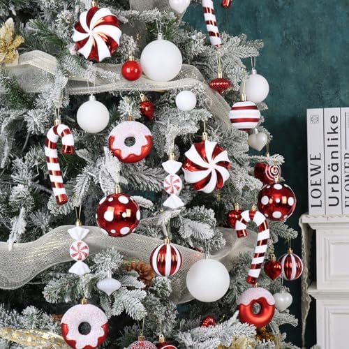 105Ct Red and White Christmas Ornaments Set Shatterproof Candy Cane Theme Decorations for Xmas Tree, Donut Polka Dot Assorted Ornaments for Holiday Festival Family Decor (Red&White)
