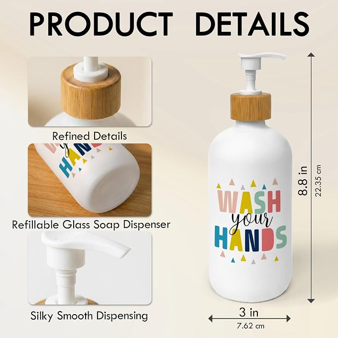 Kids Bathroom Decor Soap Dispenser, Wash Your Hands Glass Soap Dispenser, Colorful Boho Refillable Handsoap Pump Bottle for Bathroom Washroom Countertop