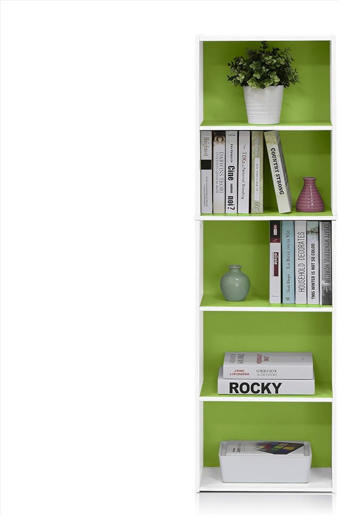 Furinno LUDER Book Shelf, 5-Tier Bookshelf, Bookcase with Open Shelves, 9.4 x 15.8 x 52, Easy Assembly, for Living Room, Bedroom, Home Office, White/Green