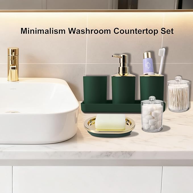25 Pieces Bathroom Set Green and Gold Bathroom Accessories Set, Shower Curtain and Rugs, Trash Can, Toilet Brush, Soap Dispenser, Soap Dish, Toothbrush Holder, Tumbler, Tray, Qtip Holder
