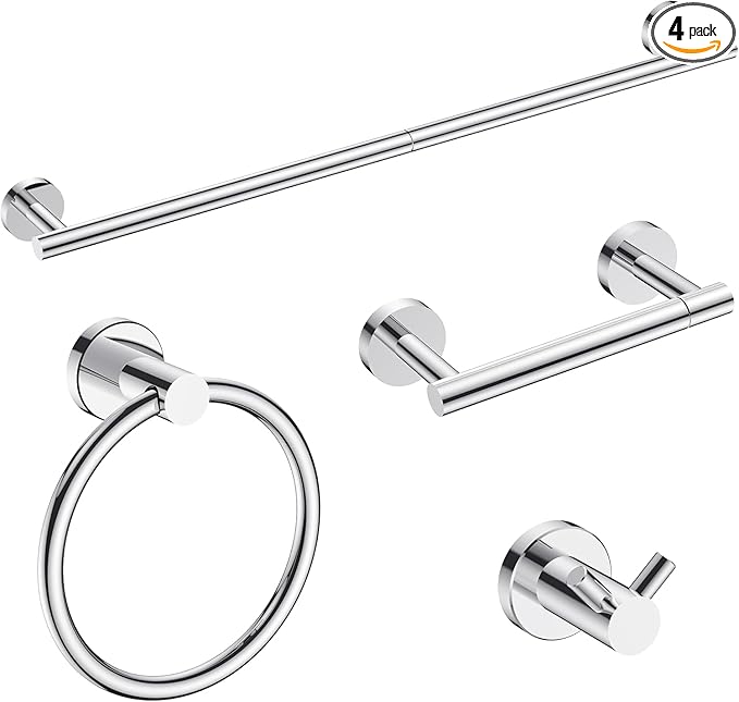 FORIOUS Bathroom Hardware Accessories Set, SUS304 Stainless Steel Towel Bar Set, Modern Towel Racks Holder for Bathroom, Toilet Paper Holder Wall Mounted 4 Pieces(18" Bar, Chrome)