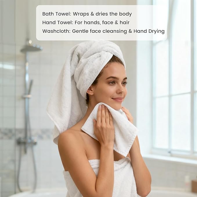 SEMAXE Bath Towel Set, 12 Piece Cotton Towel Set for Bathroom, More Towels for Family Use, Quick Dry with Hanging Loops, Easy Care, White