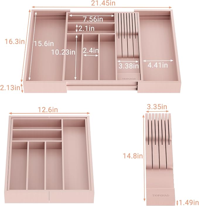 TIOPGHAD Bamboo-Silverware-Drawer-Organizer-Kitchen, Expandable Utensil Holder Cutlery Tray Flatware Organization Adjustable Wood Tableware Dividers Storage (with Removable Knife Block)(Grey Pink)