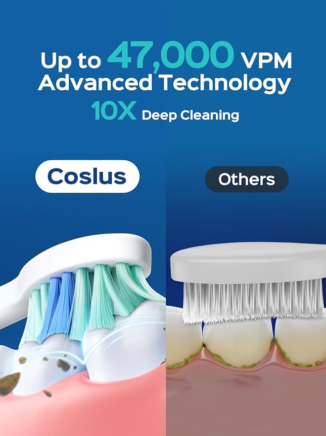 COSLUS C40 Sonic Electric Toothbrush for Adults: 47000 VPM for Deep Cleaning & Whitening with Travel Case - 5 Modes for Sensitive Teeth & Braces, Wireless Charging, 6 Brush Heads, Pink & Green (2PCS)