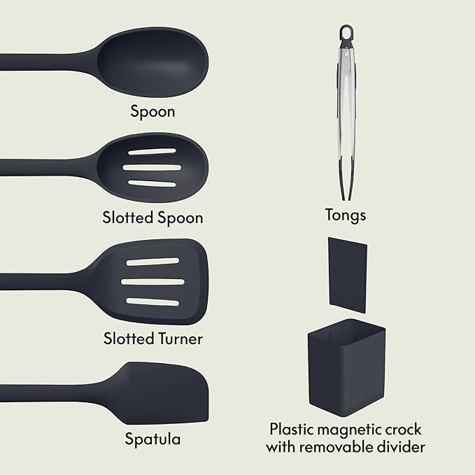bella 6-Piece Modular Tool Set, Silicone, Turner, Spoon, Slotted Spoon, Spatula, Tongs, Crock with removable divider, Non-toxic*, Food-grade, Heat safe to 425°F, Dishwasher Safe, Oatmilk