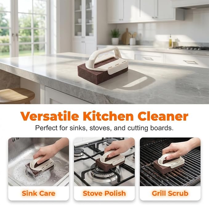 Magic Emery Cleaning Sponge, 2026 New Carborundum Sponge, Multi-Purpose Sponge Brush, Durable Scrub Block for Sinks and Stoves, Kitchen Cleaning Sponge for Home Chefs (2, Sponge with Handle)