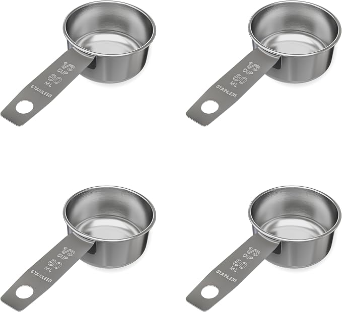 1/3 Cup Stainless Steel Measuring Cup | Sturdy Metal 80 ml | 80 cc | 3 oz | Single Cup for Wet and Dry Ingredients | Great for use as 1/3 Cup Dog Food Scoop - 4 PK