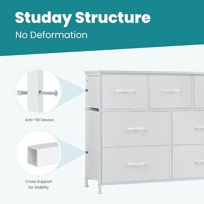 OLIXIS 7 Drawer Closet Organizer Chest, Fabric Storage Tower with Sturdy Steel Frame, Wooden Top & Easy Pull Fabric Bins, Dresser for Bedroom Living Room Entryway Clothes Organization, White