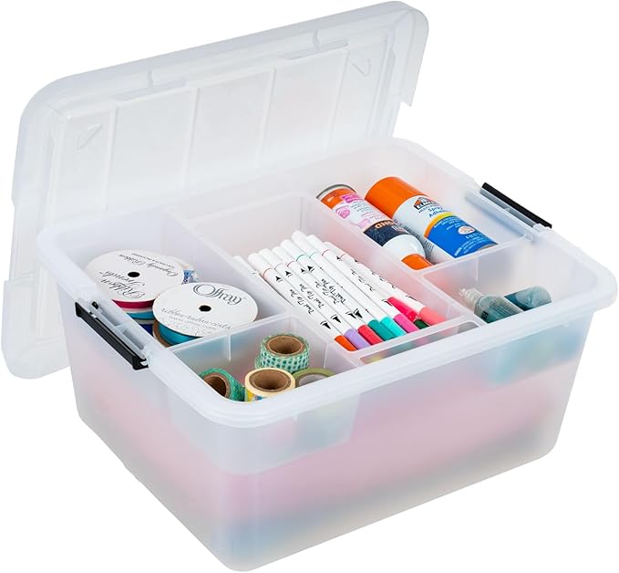 IRIS USA 18 QT Clear Storage Organizer with Removable Dividers, Stackable Plastic Storage Box with Lid, Modular Container for Crafts, Tools, Office & Pantry Organization