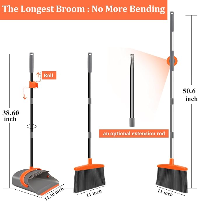 Ivandar Broom and Dustpan Set for Home, Broom and Dustpan Combo for Office, Long Handle Broom with Upright Standing Dust pan,Indoor&Outdoor Sweeping (Gray&Orange)