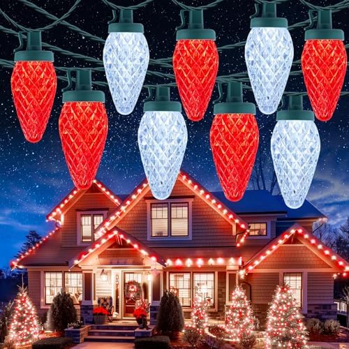 C9 Christmas Lights Outdoor, 114FT 150 LED C9 String Lights, Red|Pure White