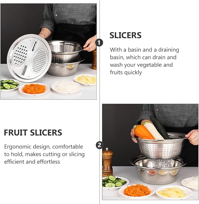 Stainless Steel Kitchen Grater with 26cm Strainer Basin, Multipurpose Vegetable Peeler Grater Set for Fruit Slicing and Salad Preparation, 3pcs Multifunctional Cutting Bowl