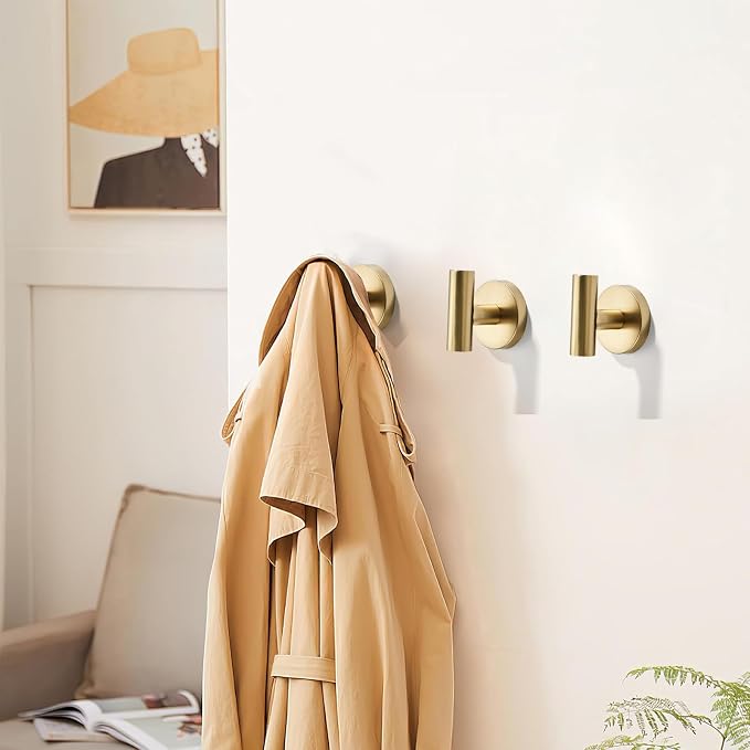 Wall Mounted Bathroom Towel Hooks for Hanging Clothes,Hat,3 Pack Champagne Brass Coat Hook Robe Hooks.Suitable for Hotels and bathrooms.