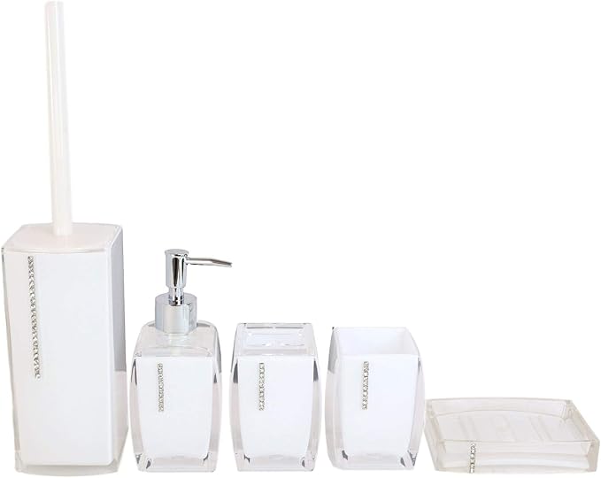 Classy Fashion Modern Chic Austrian Crystals Bathroom Gift Set 6 Piece Accessories Toothbrush Toothpaste Make Up Cosmetic Tools Holders Soap Dish and Pump Dispenser Toilet Brush & Base (White)