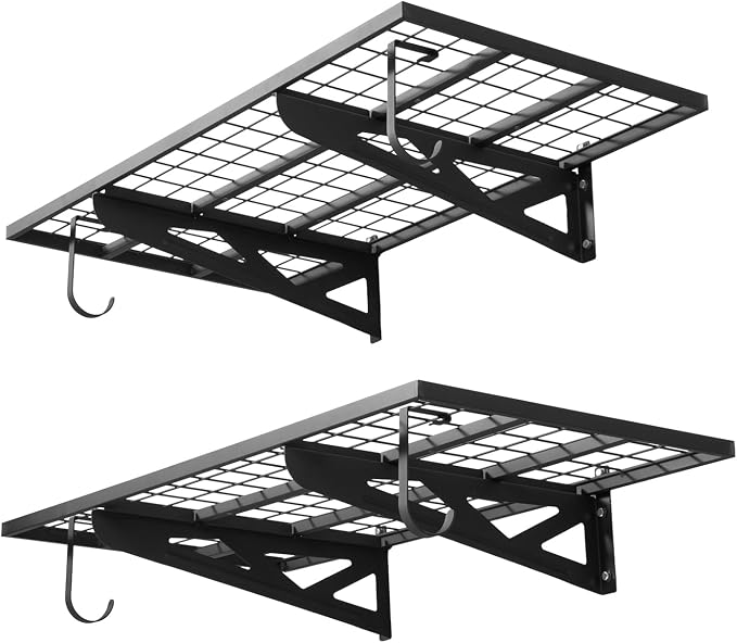 VEVOR 2-Pack Heavy Duty Garage Wall Shelving, 2 x 4 ft Steel Wall Mounted Shelving Unit with Hooks, 24 x 48 Inch Per Shelf Floating Storage Metal Rack for Garage, 500 lbs Total Weight Capacity