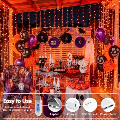 JMEXSUSS Orange Curtain Lights for Halloween, USB Plug in, 200 LED