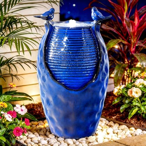 Autodaya 25" Ceramic Jar Outdoor Water Fountain with Hammered Texture
