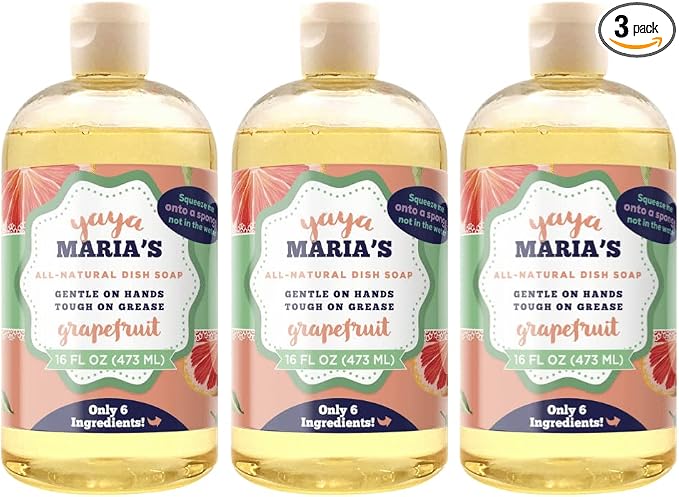 Yaya Maria's Natural Liquid Dish Soap, Only 6 Ingredients, 100% Nontoxic, Compare to Any Other Dish Soap, 3-Pack (Grapefruit)