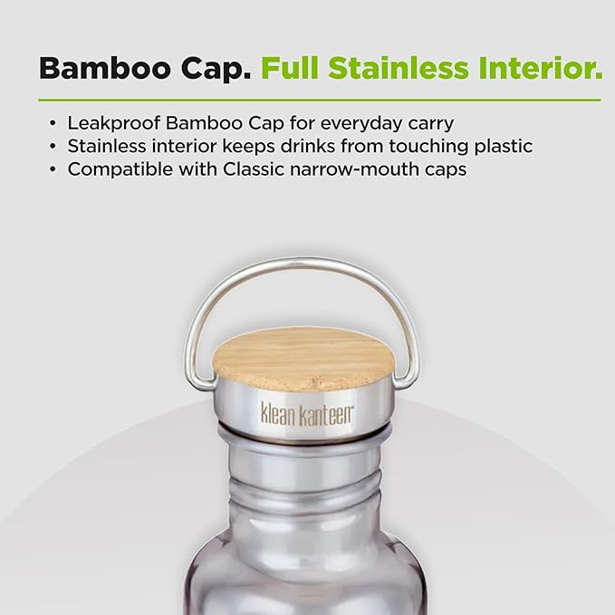 Klean Kanteen 27 oz Reflect Water Bottle with Bamboo Cap - Reusable Water Bottle - BPA-Free - Made with Stainless Steel & Food-Grade Silicone - Mirrored Stainless, 27 oz