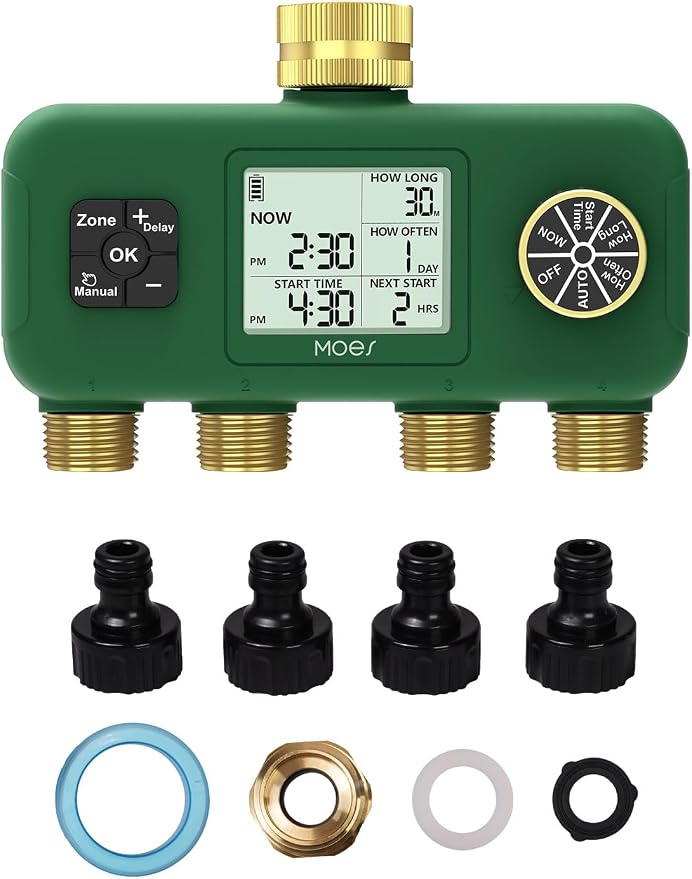 MOES 4 Zone Water Timer for Garden Hose, 1 in Inlet with 3/4 in Adapter, Brass Outlets, Battery Operated Sprinkler Timer, 4 Way Faucet Valve, Sequential Watering, Rain Delay, Non-WiFi