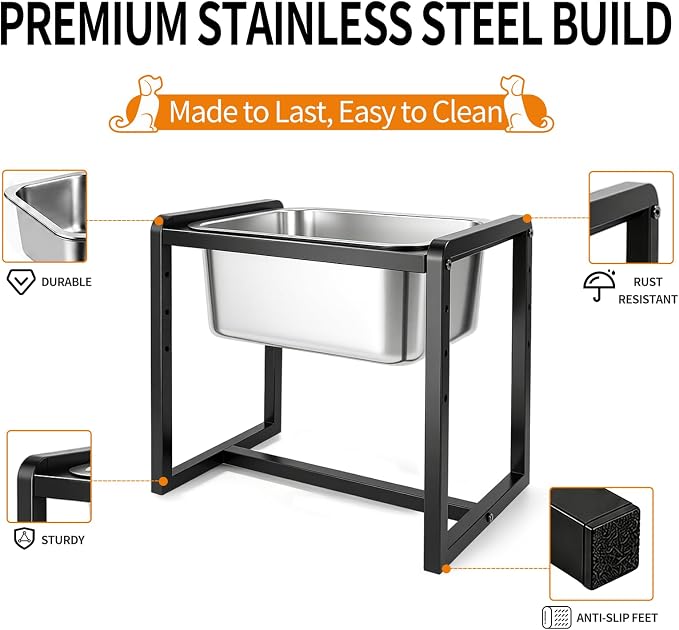 Adjustable Height Elevated Large Dog Water Bowls with Stainless Steel Bowls and Metal Stand，4-Level (8/10/12/14 Inches) Pet Bowl for Dogs for Large Medium Dogs - Durable, Easy to Clean (2.4gallon)