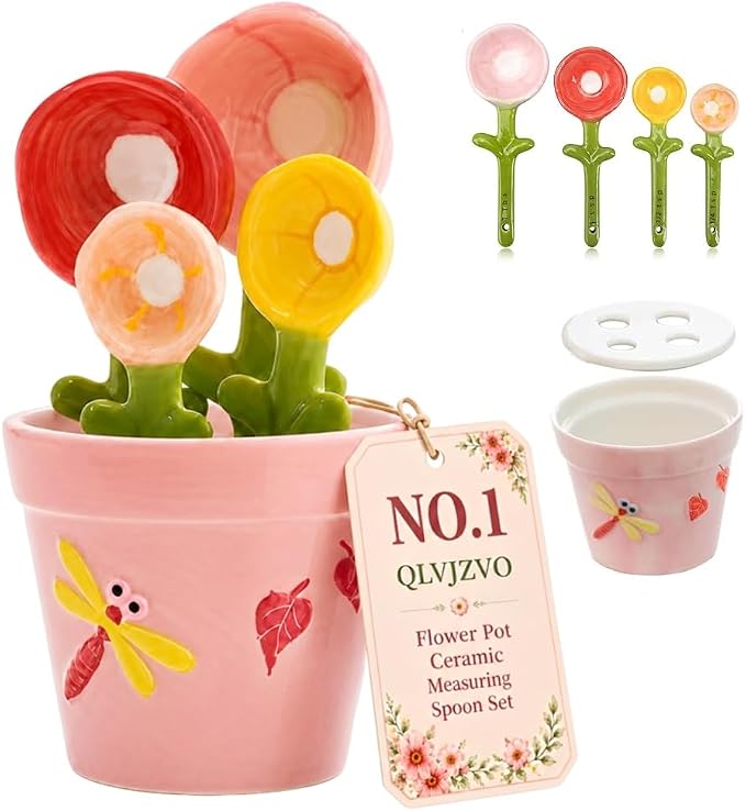 Flower Pot Ceramic Measuring Spoon Set, 5PCS Cute Spoons Cups with Base, Ceramic Baking Measuring Spoons with Holder for Dry & Wet Ingredients, Unique Baking Supplies Gift, Dishwasher Safe(Pink)