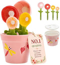 Flower Pot Ceramic Measuring Spoon Set, 5PCS Cute Spoons Cups with Base, Ceramic Baking Measuring Spoons with Holder for Dry & Wet Ingredients, Unique Baking Supplies Gift, Dishwasher Safe(Pink)