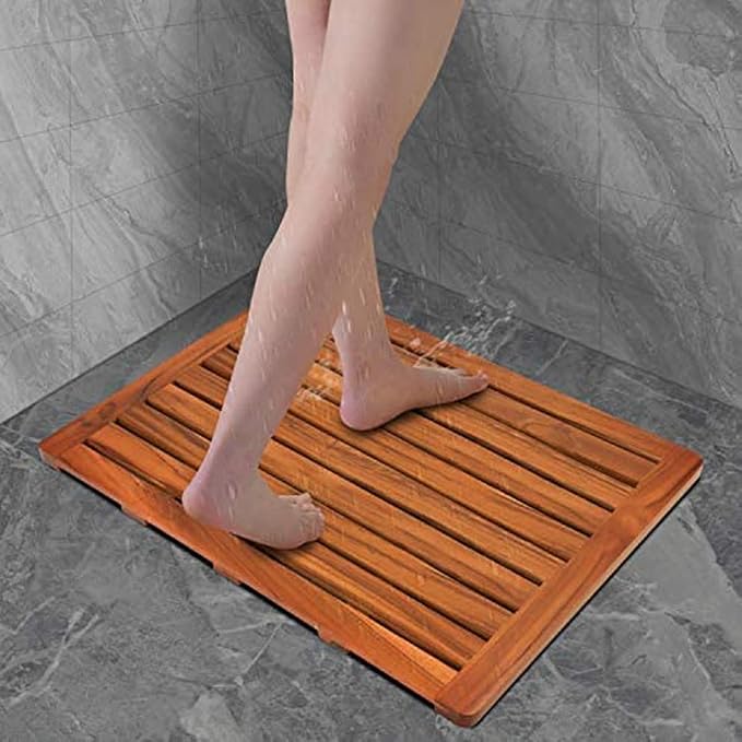 Utoplike (24"x18") Teak Wood Bath Mat, Shower Mats for Bathroom Large | Solid Wooden, with Non-Slip Pads, for Spa Home or Outdoor Inside Shower