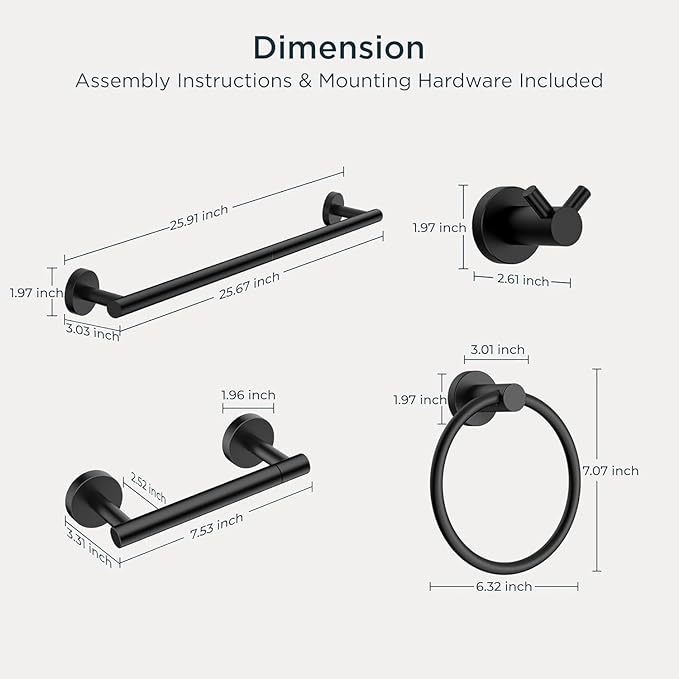 FORIOUS Bathroom Hardware Accessories Set, SUS304 Stainless Steel Towel Bar Set, Modern Towel Racks Holder for Bathroom, Toilet Paper Holder Wall Mounted 8 Pieces(24" Bar, Matte Black, 2 Pack)