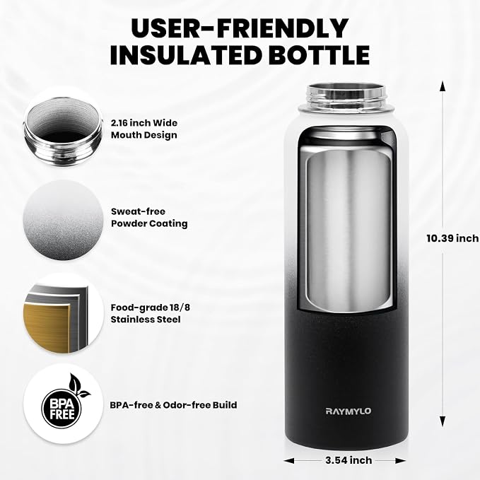 RAYMYLO Insulated Water Bottle 40 oz, Triple Wall Vacuum Stainless Steel (Cold for 36Hrs, Hot for 18Hrs), Leak Proof & Non-BPA, Modern Water Flask Jug with Paracord Handle & Straw Spout Lids