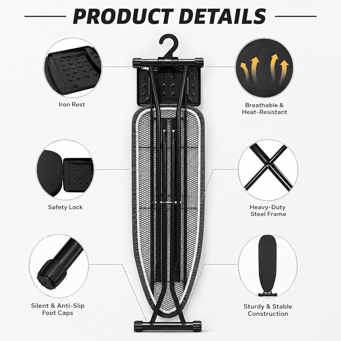 Ironing Board Metal Panel Iron Board 53" x 13.5", 7mm Thick Heat & Scorch Resistant Pad Full Metal Construction Ironing Board with Smart Hanger & 7 Adjustable Heights Compact and Space Saving