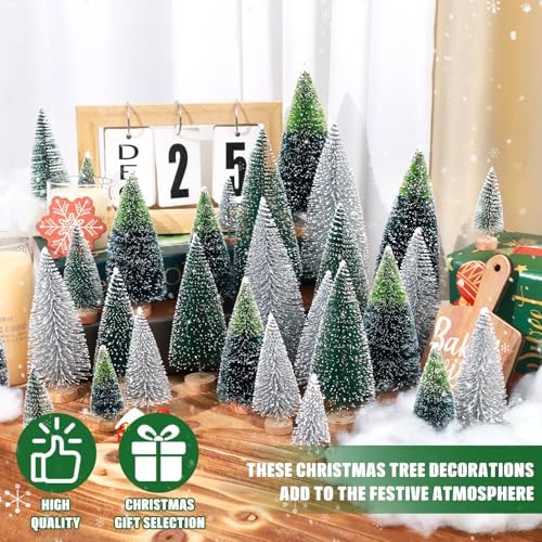 30Pcs Mini Christmas Trees Artificial Christmas Tree Bottle Brush Trees with Wooden Base for Christmas Decor Christmas Party Home Table Craft Decorations(Dark Green+Silver)