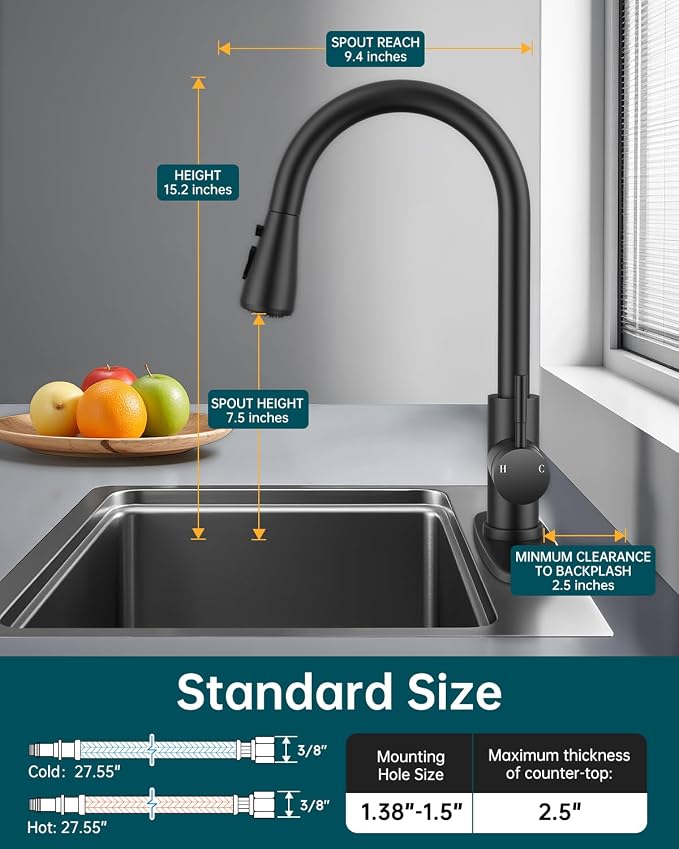 Hiqufet Kitchen Faucet, Pull Down Sprayer, Deck Plate, Matte Black | Easy Install, 360 Swivel, 3 Spray Modes, High Arc Spout, Fits 1- or 3-Hole Sinks, SUS304 Stainless Steel