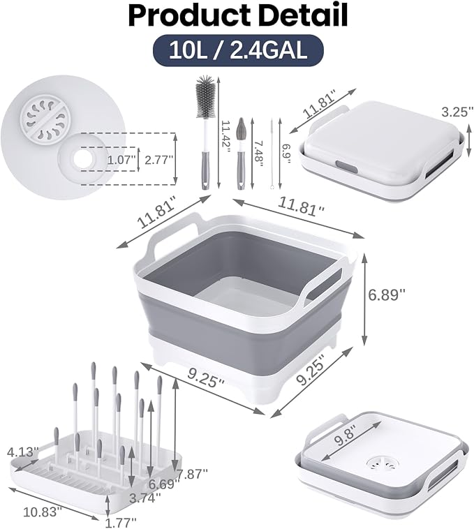 Volnamal Collapsible Wash Basin for Baby Bottles - Portable 2.4 Gallon Dish Tub with Drying Rack & Lid, Foldable Sink for Camping, Outdoor Space-Saving Tub for Kitchen, RV, Camping, Outdoor Use