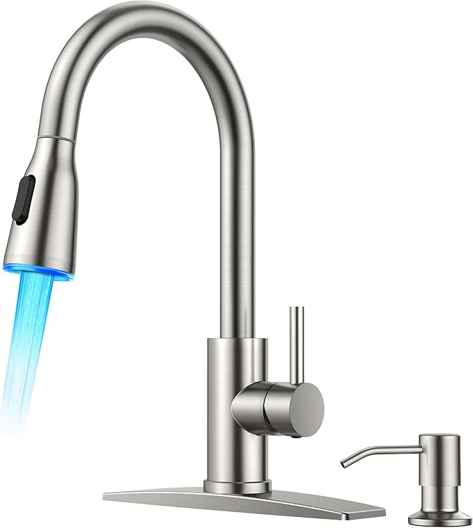 FORIOUS LED Kitchen Faucet with Soap Dispenser, Pull Down Sprayer, Brushed | Stainless Steel Single Handle, Transitional Bar Sink Faucet with LED Light Sprayer, Suitable for Outdoor Rv Laundry Camper