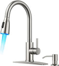 FORIOUS LED Kitchen Faucet with Soap Dispenser, Pull Down Sprayer, Brushed | Stainless Steel Single Handle, Transitional Bar Sink Faucet with LED Light Sprayer, Suitable for Outdoor Rv Laundry Camper