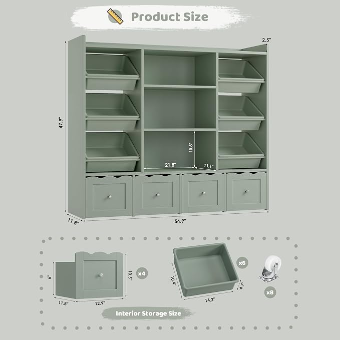 HITHOS 55" W Kids Toy Storage Organizer with 10 Toy Box & Book Shelf, Green | Large Toy Organizers and Storage with Kids Bookshelf & 6 Plastic Toy Chests & 4 Movable Drawers for Kids Room, Playroom